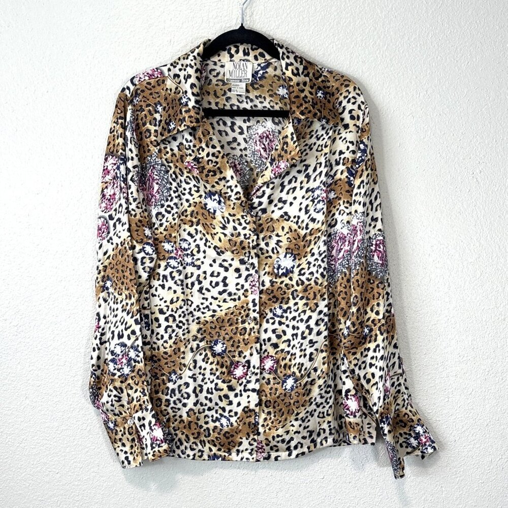 NOLAN MILLER Glamour Style 100% Silk Floral Leopard Blouse Tunic Top XL